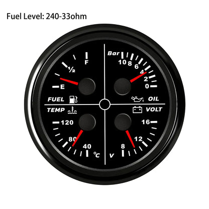 ELING Waterproof Auto Marine 85mm 4 in 1 Gauge Oil Pressure Water Temp Fuel Level Voltmeter for Motorcycle 8-16V