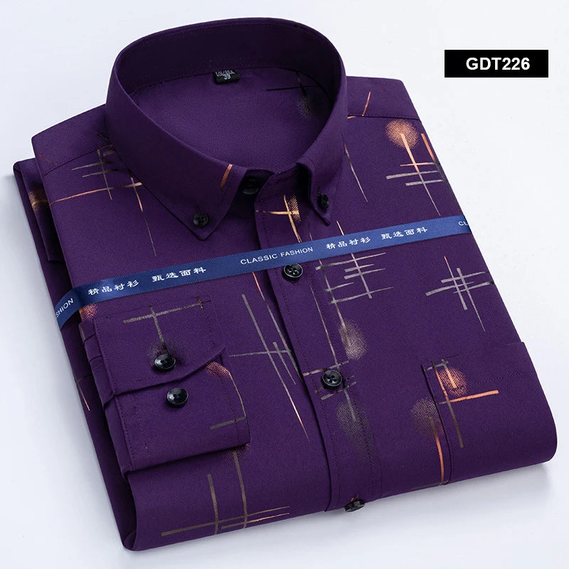 Men's Non-iron Shirts Business Casual Bronzing Long Sleeved Regular Fit Shirts Spring and Autumn New Fashion Print Top Clothing