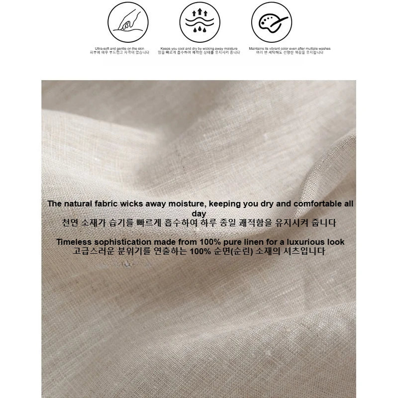 100% Linen Long Sleeve Shirt for Men Stand Up Collar Summer Loose Fit Solid Color Casual Formal Wear