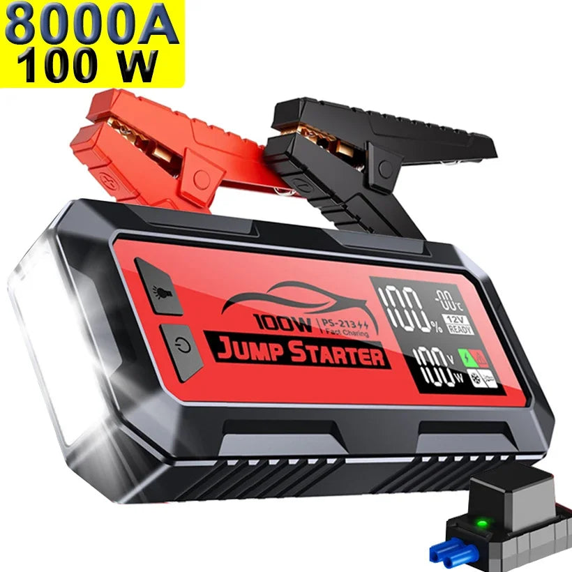 8000A 24000mAh 12V Portable Car Jump Starter, 100W Fast Charging Power Bank with DC Output & Super Capacitor for Laptop