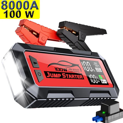 8000A 24000mAh 12V Portable Car Jump Starter, 100W Fast Charging Power Bank with DC Output & Super Capacitor for Laptop