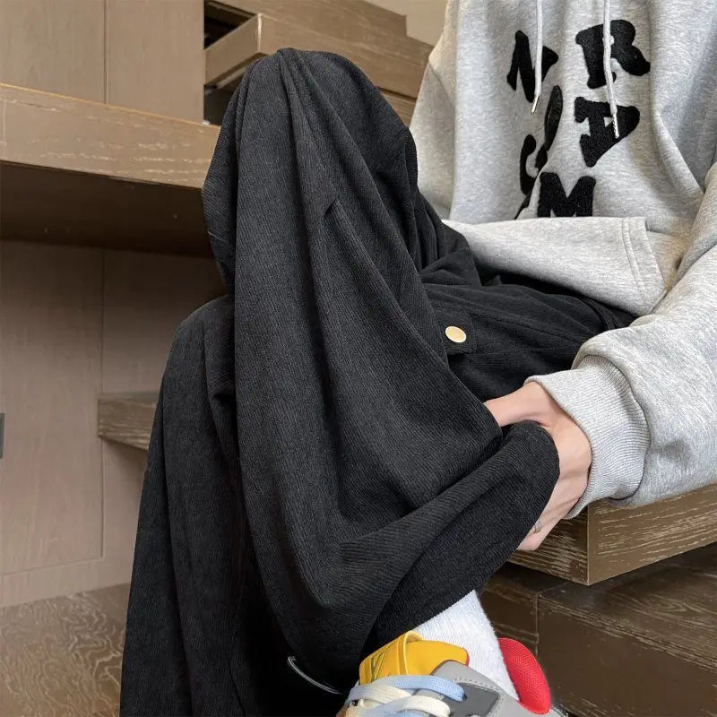 Grey Green Men’s Corduroy Cargo Pants Wrinkle Texture Sport Jogger Loose for Winter High Street Casual Versatile Daily Trousers