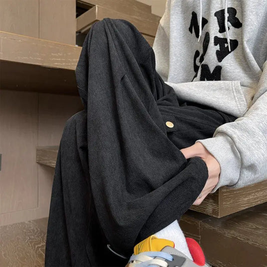 Grey Green Men’s Corduroy Cargo Pants Wrinkle Texture Sport Jogger Loose for Winter High Street Casual Versatile Daily Trousers