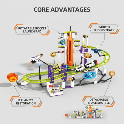 Space-themed roller coaster building block set, includes connectable circular track assembly components, a rotatable rocket laun