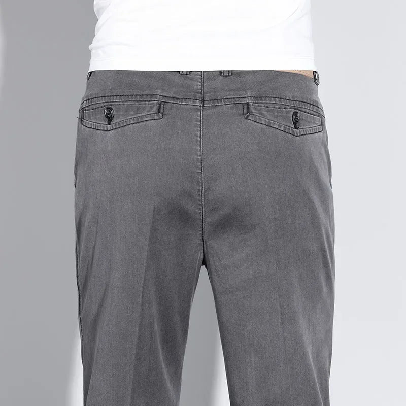 Classic Men's High Waist Cotton Jeans Summer Thin Fitted Straight Business Casual Denim Work Trousers Blue Gray