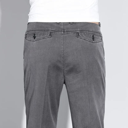 Classic Men's High Waist Cotton Jeans Summer Thin Fitted Straight Business Casual Denim Work Trousers Blue Gray