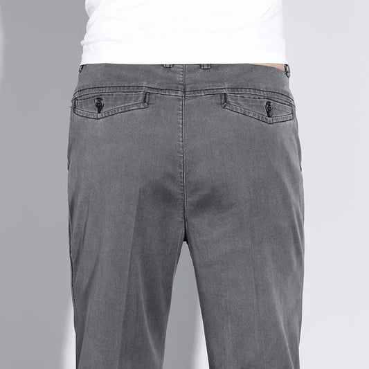 Classic Men's High Waist Cotton Jeans Summer Thin Fitted Straight Business Casual Denim Work Trousers Blue Gray