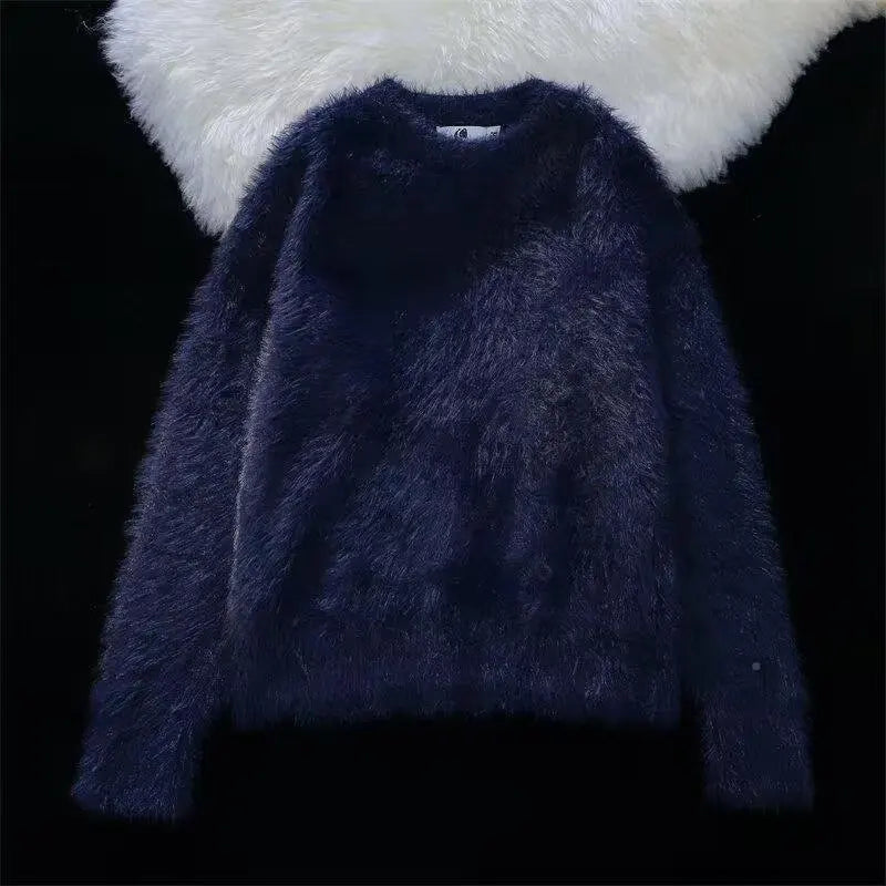 Winter faux mink fur soft and sticky solid color sweater with a high-end feel, men's and women's long sleeved warm round neck kn