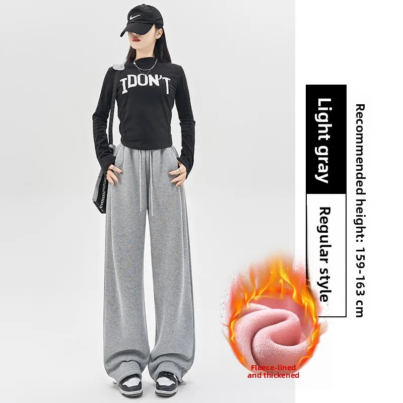 Gray Lamb Velvet Sport Pants Women's High Waist Drapey Fleece Wide Leg Casual Small Size Thickened Cotton Pants