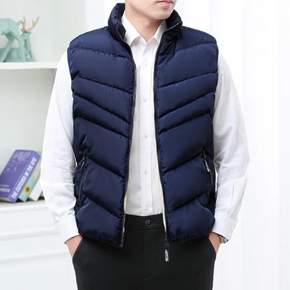 Winter Business Wool Lined Vest Jacket Men Slim Fit Stand Collar Sleeveless Puffer Jackets Autumn Casual Waistcoat Men Warm Coat