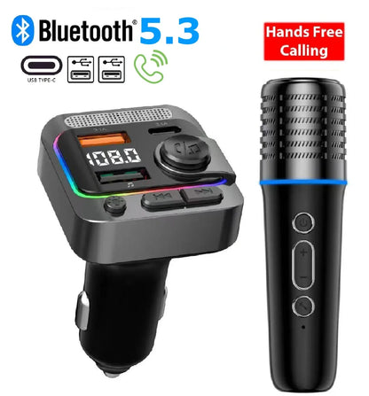 Bluetooth 5.3 Car FM Transmitter Type-C Dual USB Charging Car Audio MP3 Player Hands Free Calling with Karaoke Car Microphones