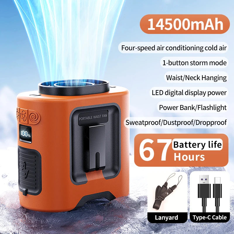 14500mAh Portable Waist Fan 360° Rotating Belt Clip Hanging Neck Fan Strong Wind with LED Digital Display for Outdoor Sports