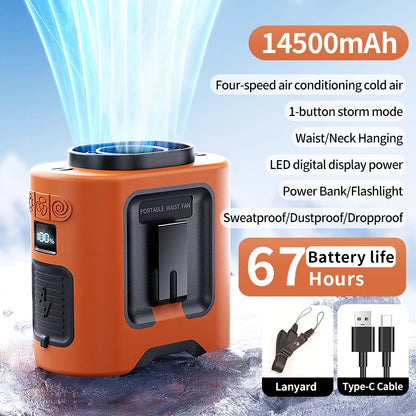 14500mAh Portable Waist Fan 360° Rotating Belt Clip Hanging Neck Fan Strong Wind with LED Digital Display for Outdoor Sports