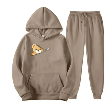 Autumn and Winter Men's and Women's 100% Pure Cotton Casual Loose Cartoon Cute Bear Print Sports Comfortable Hoodie Set