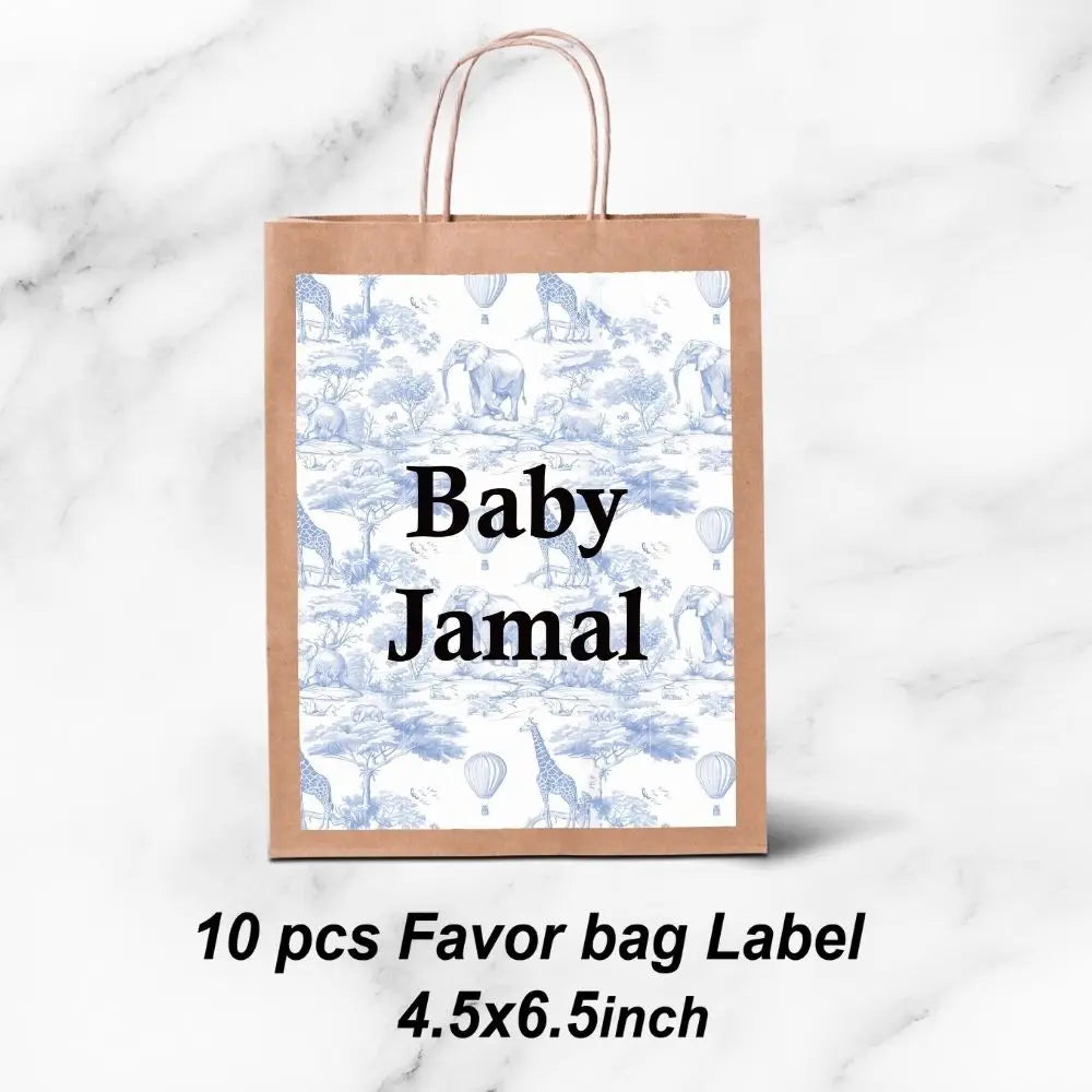 Personalized Blue Safari Baby Shower Party Favors Toile De Jouy Jungle Animal Sticker Party Decoration For Birthday Bachelorette
