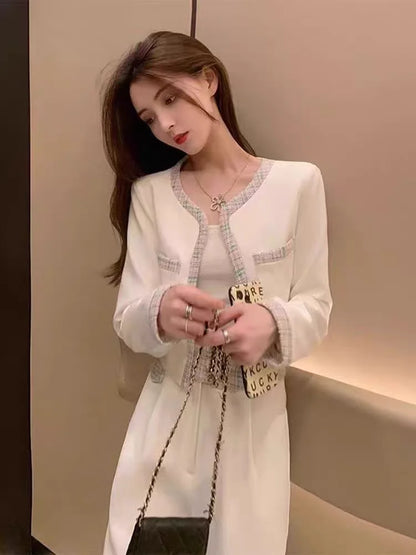 Elegant Fashion Set Women's Spring Autumn New Style Small Fragrance Wind Coat Wide Leg Pants Two Piece Set High Waist Long Pants