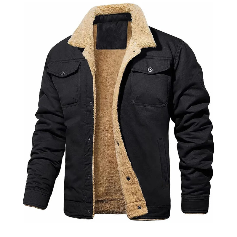 Men's Jackets Winter Windproof Warm Faux Shearling Lined Warm Coat Black Buttoned Parka Pockets Casual High Quality Tops US Size