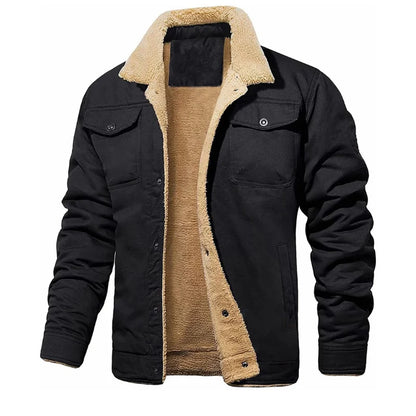 Men's Jackets Winter Windproof Warm Faux Shearling Lined Warm Coat Black Buttoned Parka Pockets Casual High Quality Tops US Size