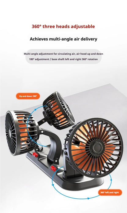 Car Fan 3 Head USB Electric Fan 360° Adjustable 2 Speed Silent Cooling Fan for Car Home Office Desk Automotive Air Circulator