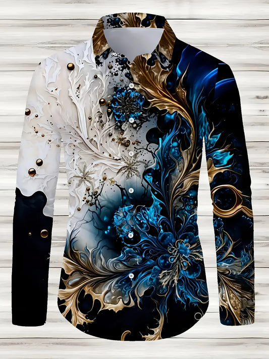 LVLAEA Men's Printed Pattern Shirt, Long Sleeve Lapel Button Up Cotton Shirt for Autumn, Luxury Style Trendy Fashion Tated Shirt