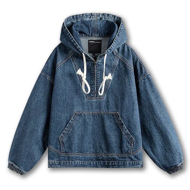 Mens Hooded Denim Jacket American Vintage Heavyweight Washed Distressed Loose Fit Streetwear Pullover Workwear Casual Trendy