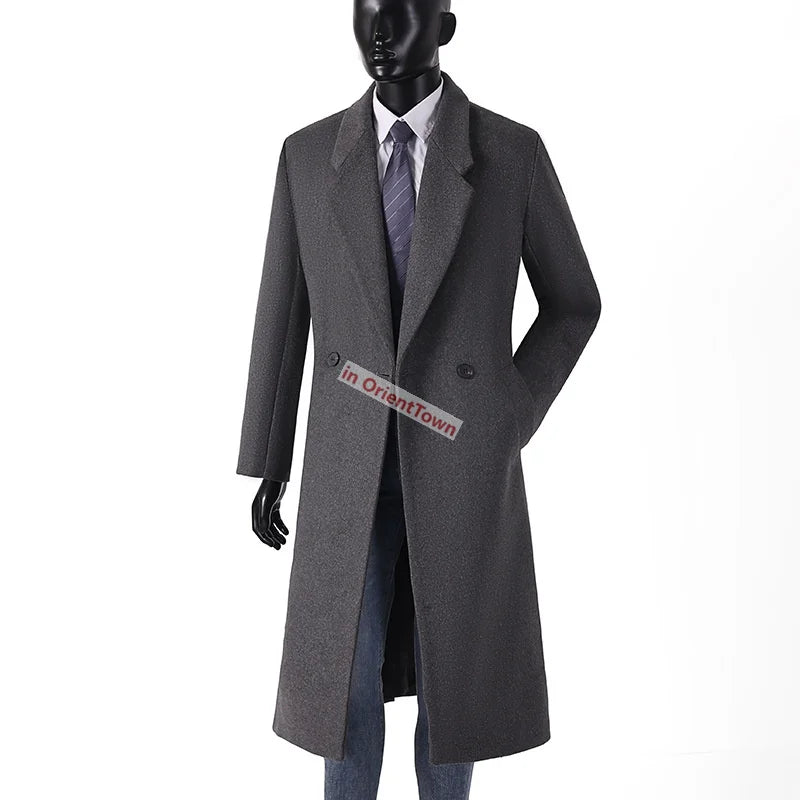 Extra Long British Trench Slim Fit Woolen Coat for 170 kg Men Elongated Handsome Over Knee Windbreaker Black Casual Thick Coat