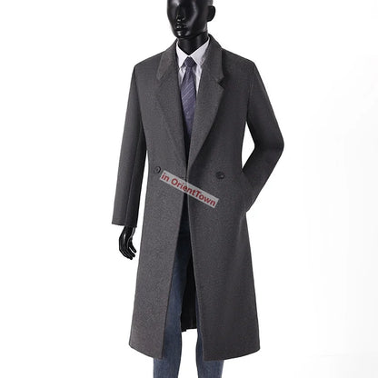 Extra Long British Trench Slim Fit Woolen Coat for 170 kg Men Elongated Handsome Over Knee Windbreaker Black Casual Thick Coat