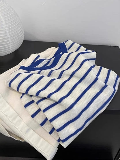 Casual Lightweight Striped Women's Shirt Sun Protection Loose Fit Regular Sleeve Long round Neck Straight Tube Summer Top