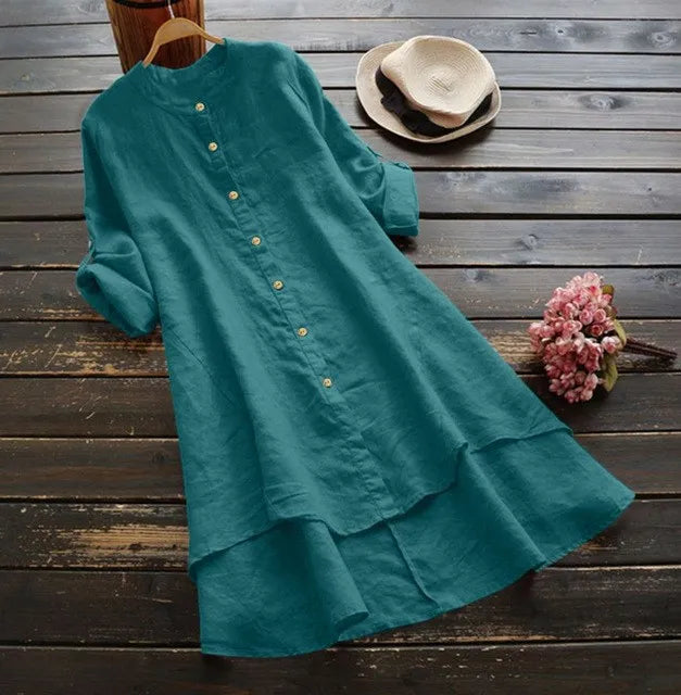 Women's Long Cotton Linen irt Blouse Top Pure Color Stand Collar Button Sve Polyester Fiber Mid-Length Gored Hem