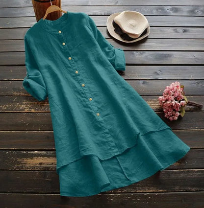 Women's Long Cotton Linen irt Blouse Top Pure Color Stand Collar Button Sve Polyester Fiber Mid-Length Gored Hem