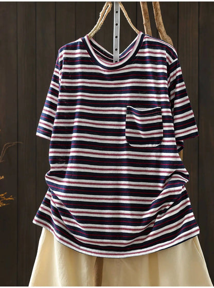 Women Summer Short-sleeve T-shirt 2026 Summer New Stylish Striped Single-pocket Loose T-shirt ZXY154
