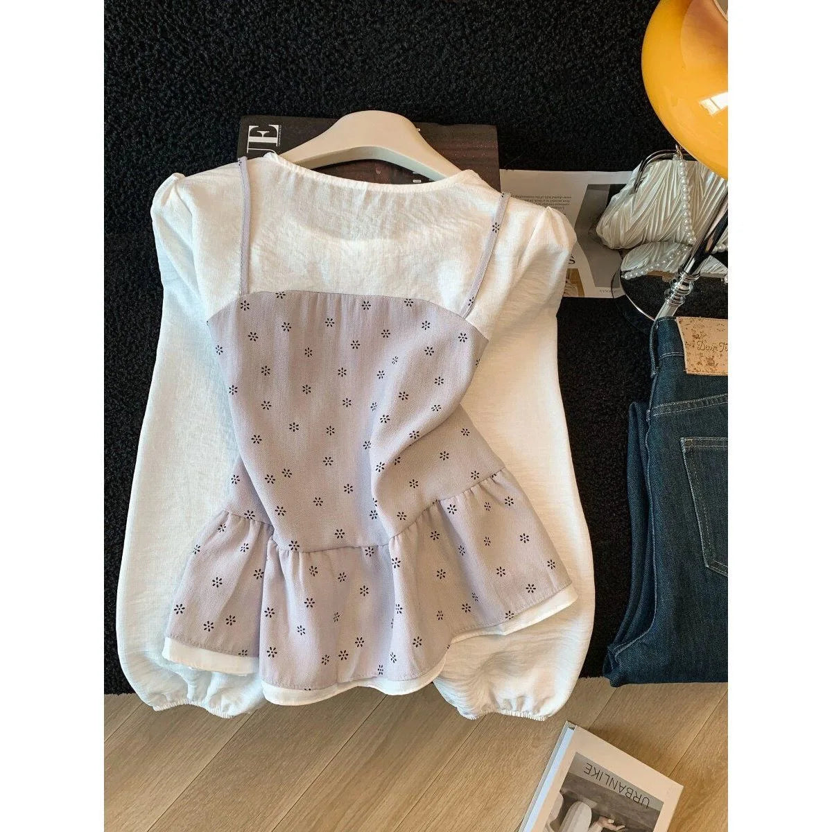 Floral round Neck Shirt Women's 2026 New Spring Design Color Block Fake Two-Piece Layering Long Sleeve Top Polyester Fiber