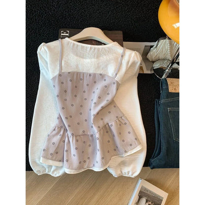 Floral round Neck Shirt Women's 2026 New Spring Design Color Block Fake Two-Piece Layering Long Sleeve Top Polyester Fiber