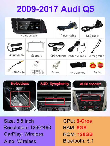 STWEI Qualcomm Snapdragon 680 6225 2.4GHz Wireless CarPlay Android13 Auto For AUDI Q5 Car Multiledia Players Video GPS Bluetooth