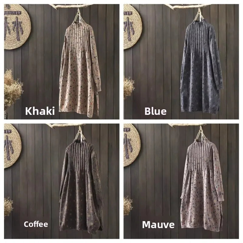 Retro Print Loose Knitted Dress Half High Collar Base Layer Skirt Autumn Winter Long Straight A-Line Dress for Women