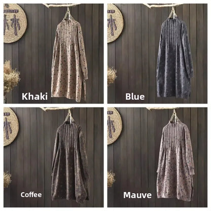 Retro Print Loose Knitted Dress Half High Collar Base Layer Skirt Autumn Winter Long Straight A-Line Dress for Women