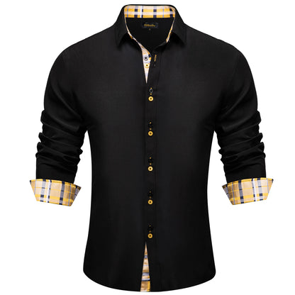 Men's Polyester Cotton Solid Black Shirts Long Sleeve Blue Paisley Patchwork Social Casual Dress Shirt Elegant Men Clothing