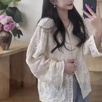 Women Spring Summer Embroidered Versatile Loose-Fit Shirt Top French Style Blouse Cardigan Top