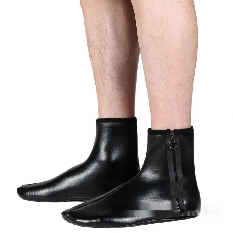 Unisex Zipper Black Winter Stockings Adult Men and Women Middle High Tube Fleece-lined Thick Keep Warm Leather Floor Room Socks