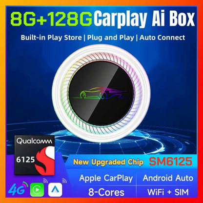 8GB+128GB Android 13 CarPlay Ai Box Ambient Light LED Dual WiFi HDMI 4G SIM Card 8-Cores Smart Car Multimedia Box USB Adapter