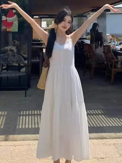 Slimming White Strapless Long Dress Simple French Style A-Line Midi Dress Women's Summer Fashion Sensation Waist-Cinching Dress