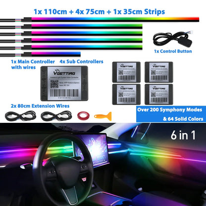 6/18/22 in 1 Led Acrylic Car Ambient Light RGB 64 213 Color Symphony Acrylic APP Streamer Rainbow Atmosphere Lamp Kit Dual Zone