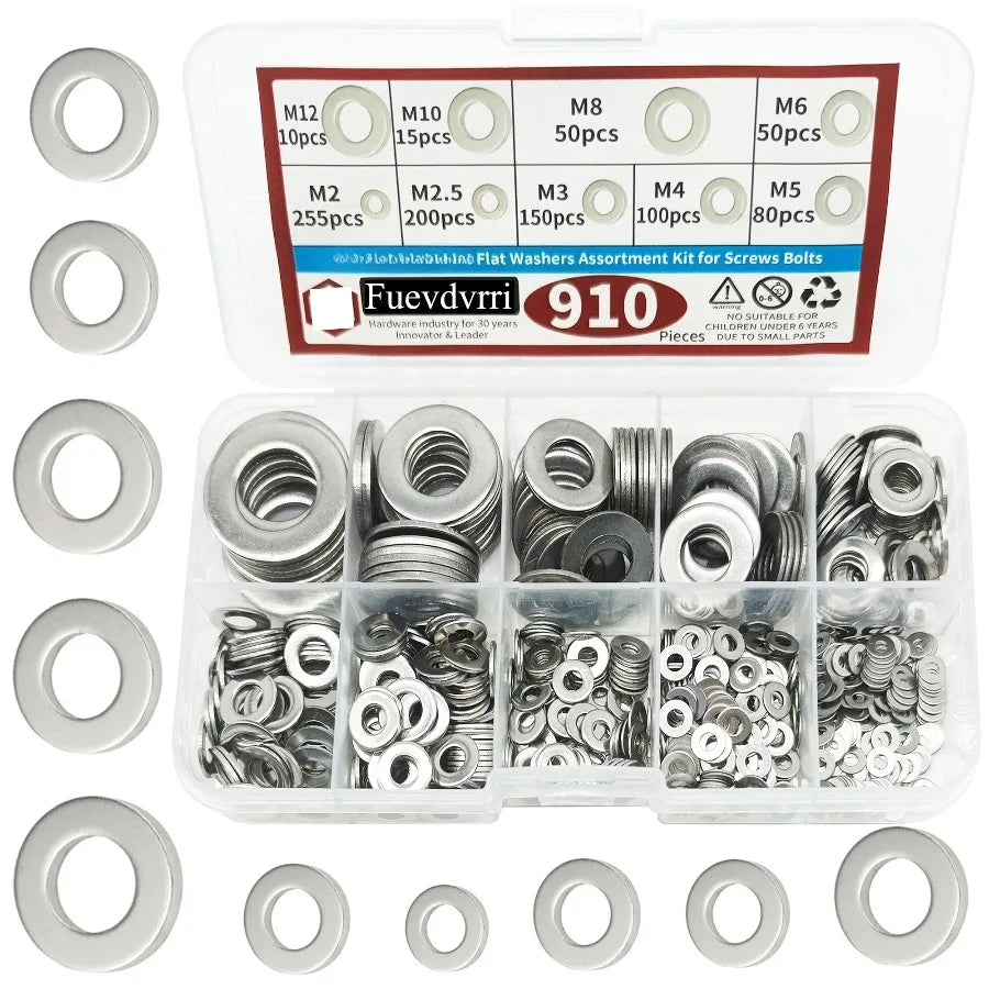 910/200pcs Flat Washers Assortment Kit (M2 M2.5 M3 M4 M5 M6 M8 M10 M12) Suitable for Home Decoration