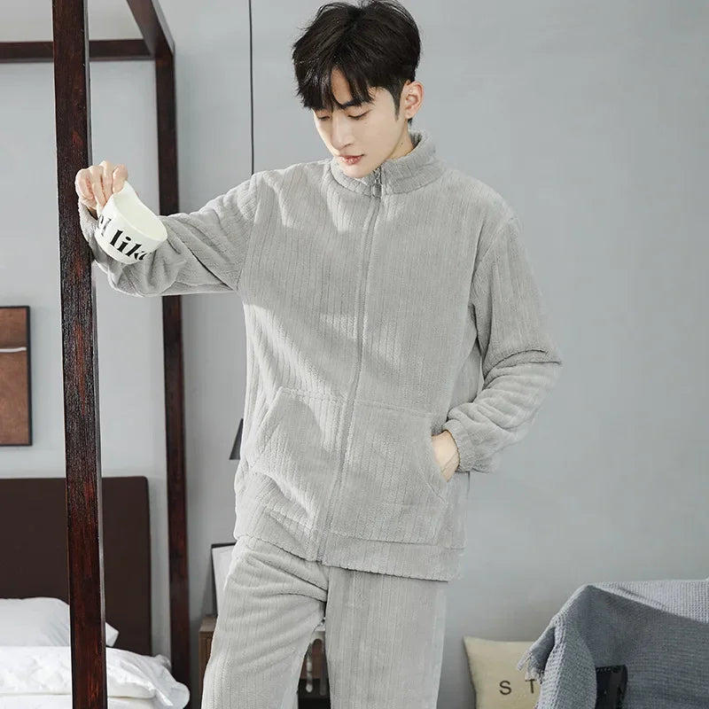 Can Wear Pajamas Men Autumn Winter Flannel Thick Stand Collar Zipper Coral Velvet Pajamas Pajama Pants  Set Men's Home Wear
