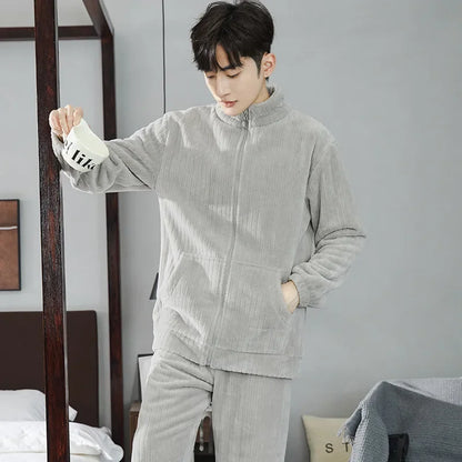 Can Wear Pajamas Men Autumn Winter Flannel Thick Stand Collar Zipper Coral Velvet Pajamas Pajama Pants  Set Men's Home Wear