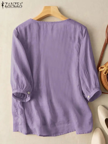 ZANZEA Elegant Women Embroidered Blouses Autumn 2024 3/4 Puff Sleeve Transparent Blusas Mujer Casual Vintage Cotton Shirts Tops