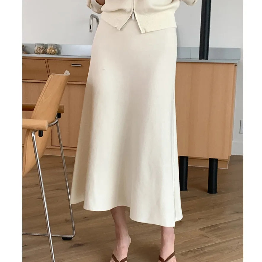 Korean Style Women's Fashion Short Knitted Top High Waist Skirt Sweater Two-Piece Set Chic Autumn Wear for Adults