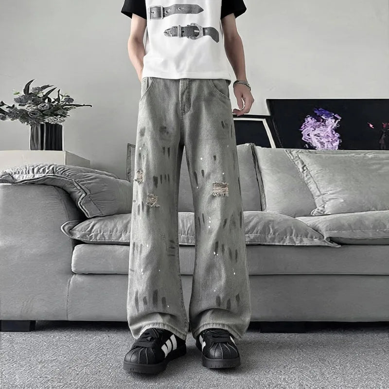 Original Retro Vintage Washed Distressed Men's Jeans American Street Style Casual Trendy Loose Fit Men's Pants Denim Urban