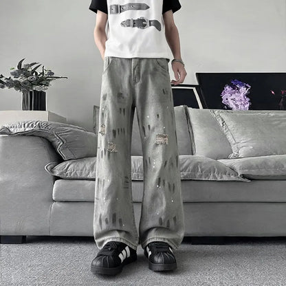 Original Retro Vintage Washed Distressed Men's Jeans American Street Style Casual Trendy Loose Fit Men's Pants Denim Urban