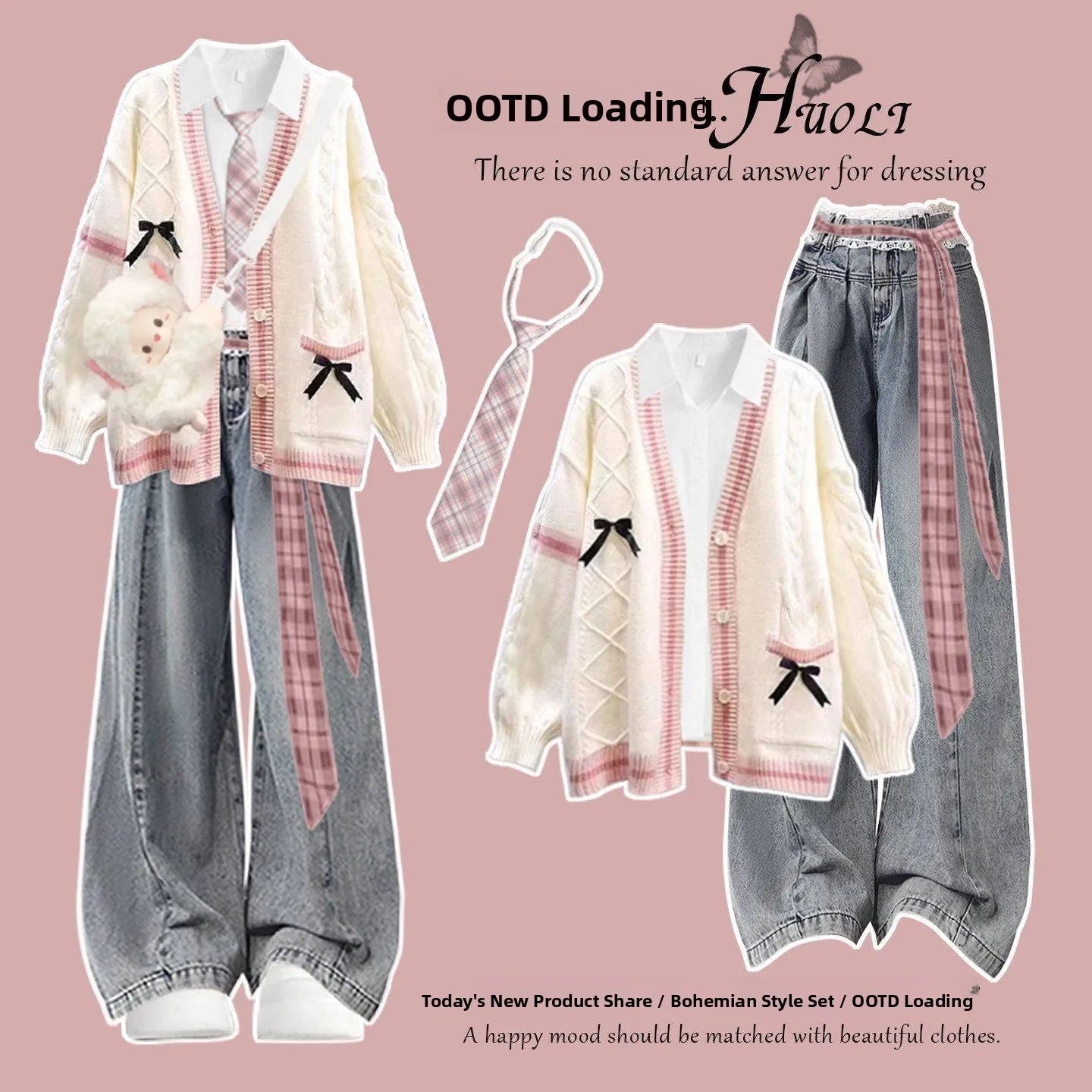Korean Style Winter College Fashion Knitted Cardigan Jacket Beautiful Unique Miu Series Sweater Three Piece Set High Waist Pa...